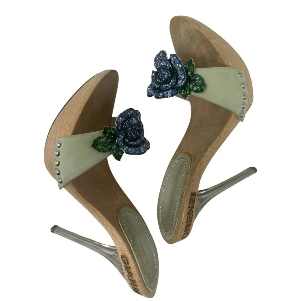 Rare Gianmarco Lorenzi Crystal Flower Wooden Platform Mules 36 / 6